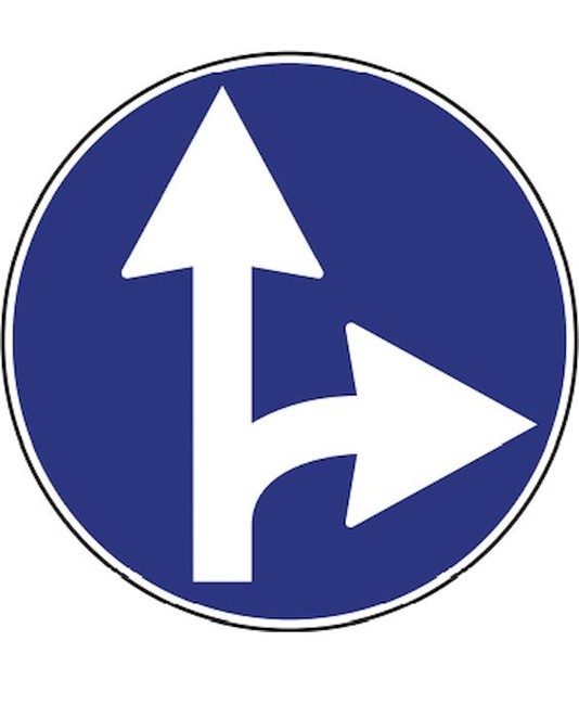 Cartello "direzione obbligatoria dritto e destra"diam. cm. 60. Cartello "direzione obbligatoria dritto e destra"diam. cm. 60.
