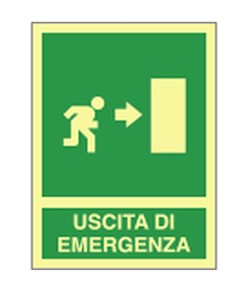 Cartello fotoluminescente in alluminio piano 250x310 mm  Uscita emergenza destra