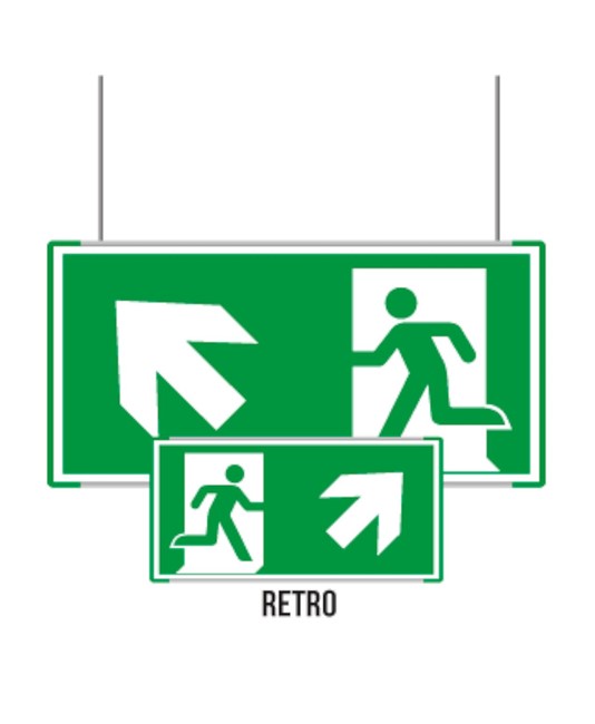 Cartello bifacciale sospeso Metal Uscita emergenza alto laterale Cartello bifacciale sospeso Metal Uscita emergenza alto laterale