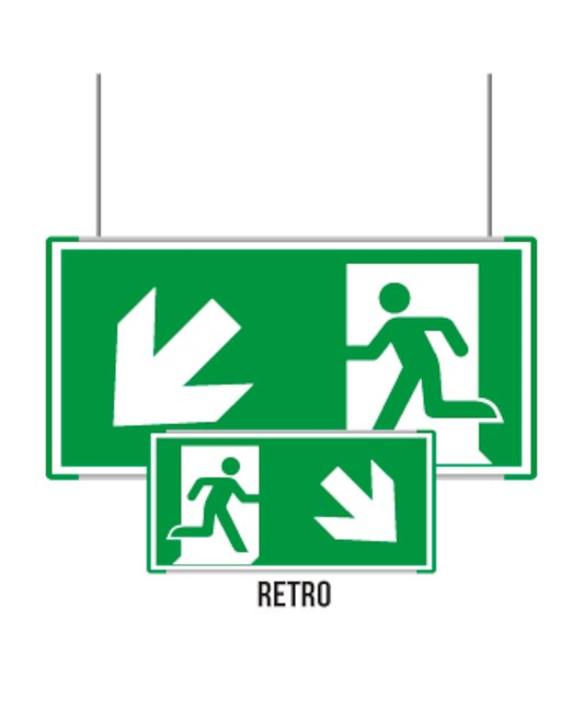 Cartello bifacciale sospeso Metal Uscita emergenza basso laterale Cartello bifacciale sospeso Metal Uscita emergenza basso laterale