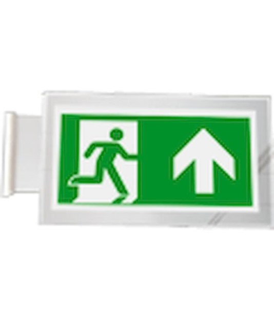 Cartello di emergenza bifacciale a bandiera 'uscita emergenza destra' Cartello di emergenza bifacciale a bandiera 'uscita emergenza destra'