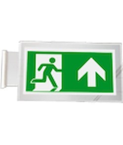 Cartello di emergenza bifacciale a bandiera 'uscita emergenza avanti/alto'