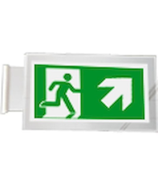 Cartello di emergenza bifacciale a bandiera 'uscita emergenza alto/destra'