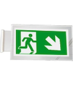 Cartello di emergenza bifacciale a bandiera 'uscita emergenza basso/destra'
