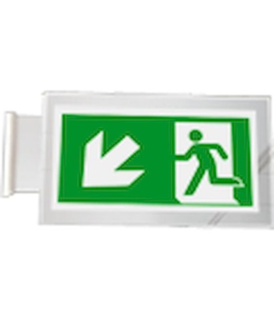 Cartello di emergenza bifacciale a bandiera 'uscita emergenza basso/sinistra' Cartello di emergenza bifacciale a bandiera 'uscita emergenza basso/sinistra'