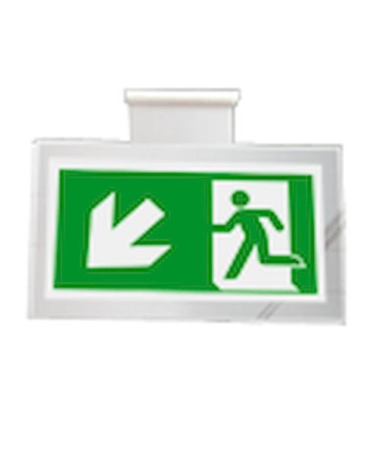 Cartello bifacciale sospesa 'uscita emergenza basso/sinistra' Cartello bifacciale sospesa 'uscita emergenza basso/sinistra'