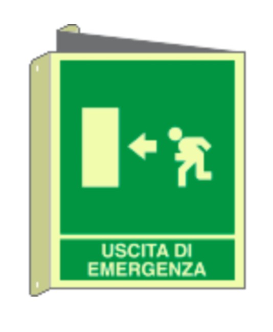 Cartello bifacciale fotoluminescente 'uscita emergenza a sinistra'  Din Plus Cartello bifacciale fotoluminescente 'uscita emergenza a sinistra'  Din Plus