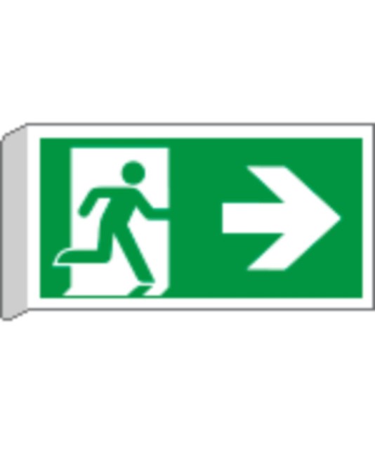 Cartello bifacciale 'uscita di sicurezza a destra' Cartello bifacciale 'uscita di sicurezza a destra'