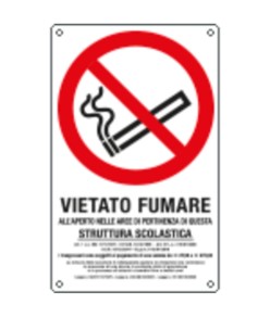 Cartello di divieto 'vietato fumare all'aperto nelle aree di pertinenza di questa struttura scolastica'
