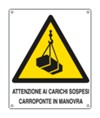 Cartello di pericolo 'attenzione ai carichi sospesi carroponte in manovra'