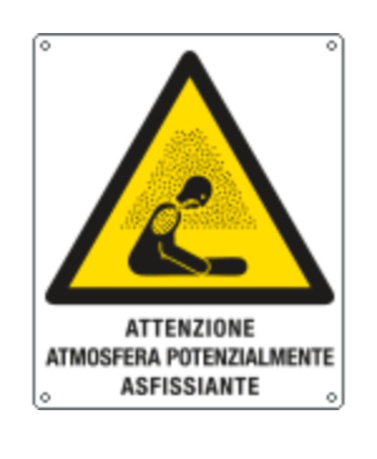 Cartello di pericolo 'attenzione atmosfera potenzialmente asfissiante' Cartello di pericolo 'attenzione atmosfera potenzialmente asfissiante'