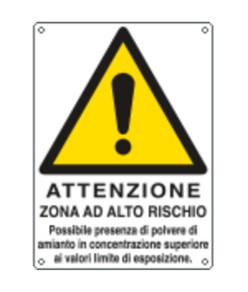 Cartello di pericolo 'attenzione zona ad alto rischio possibile presenza di povere...'