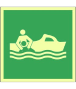 Cartello di sicurezza marittimo fotoluminescente con simbolo lancia di soccorso