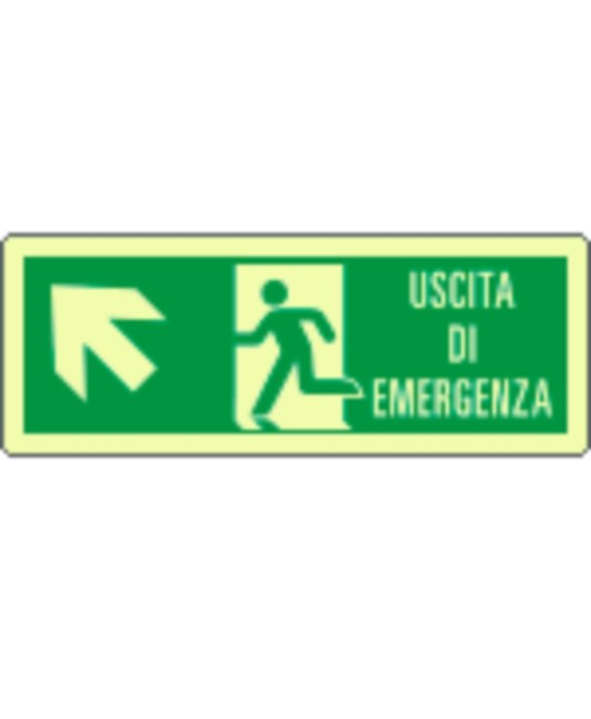 Cartello fotoluminescente 'uscita di emergenza in alto a sinistra' Cartello fotoluminescente 'uscita di emergenza in alto a sinistra'