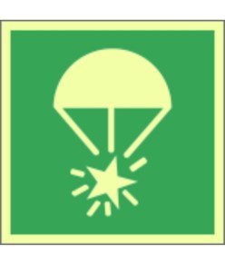 Cartello di sicurezza marittimo fotoluminescente con simbolo razzo paracadute