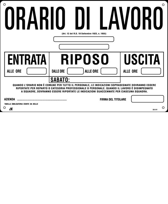 Cartello informativo 'orario di lavoro" Cartello informativo 'orario di lavoro"