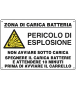 Cartello informativo 'zona di carica batteria' con istruzioni