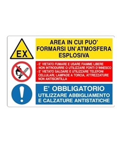 Cartello multisimbolo 'area in cui può fermarsi un'atmosfera esplosiva...'