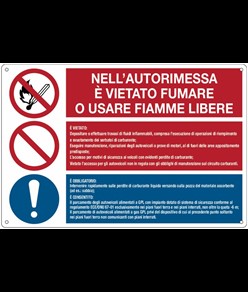 Cartello multisimbolo 'nell'autorimessa è vietato fumare o usare fiamme libere'