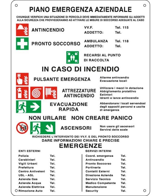 Cartello multisimbolo 'piano emergenza aziendale'