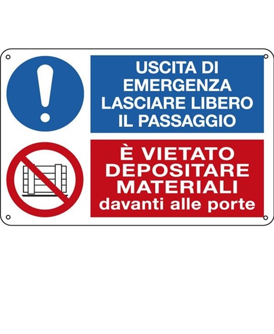 Cartello multisimbolo 'uscita di emergenza lasciare libero il passaggio...' Cartello multisimbolo 'uscita di emergenza lasciare libero il passaggio...'