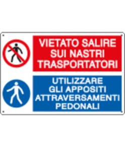 Cartello multisimbolo 'vietato salire sui nastri trasportatori'