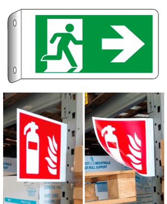 Cartello bifacciale flessibile 'uscita di sicurezza a destra' Cartello bifacciale flessibile 'uscita di sicurezza a destra'