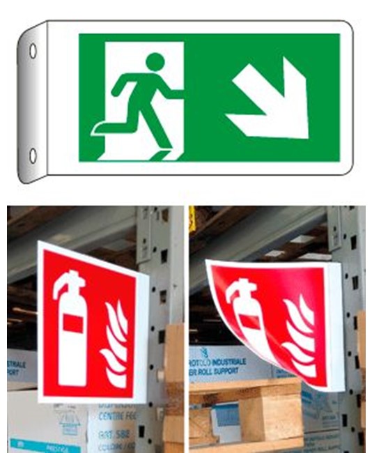 Cartello bifacciale flessibile 'uscita di sicurezza in basso a destra' Cartello bifacciale flessibile 'uscita di sicurezza in basso a destra'