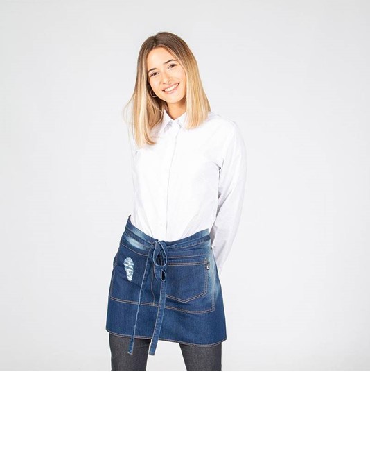 Grembiule corto in denim lavato indaco con tasca sfrangiata Garys Redline Grembiule corto in denim lavato indaco con tasca sfrangiata Garys Redline