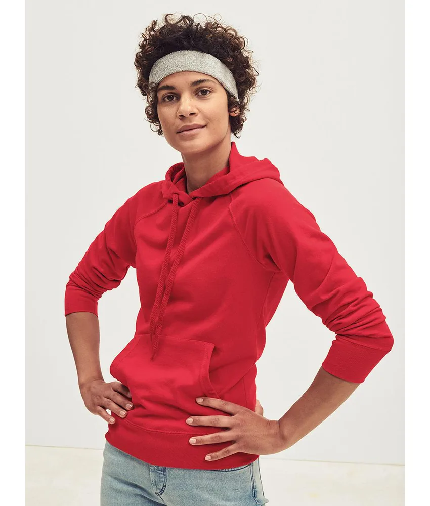 Felpa leggera da donna con cappuccio Fruit of the Loom, polsini in costina cotone/Lycra - taglio femminile con cuciture laterali sciancrate