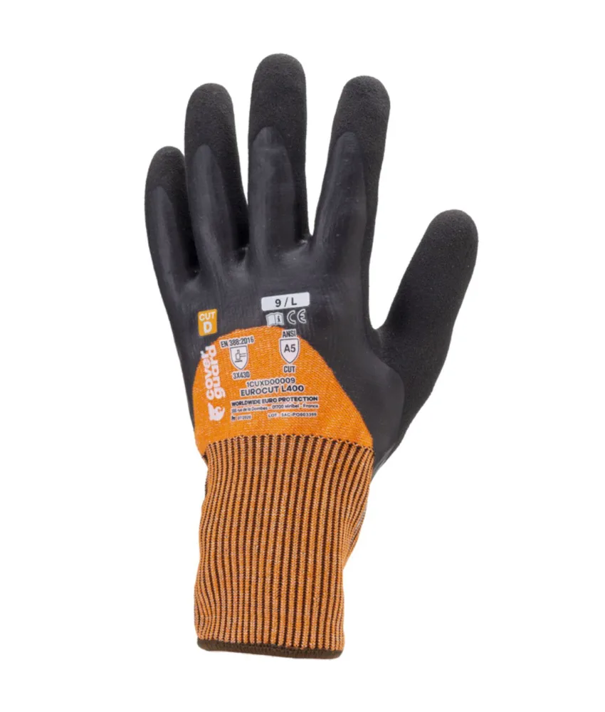 5 paia guanti antitaglio Coverguard EUROCUT L400 construction, calibro 13 - palmo in schiuma di lattice nera