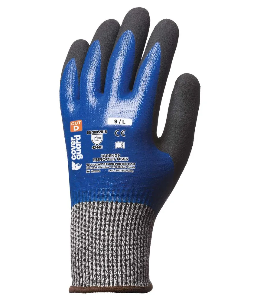 5 paia guanti antitaglio da lavoro Coverguard Eurocut N555, maglia in HPPE - doppia spalmatura sul dorso - impermeabile