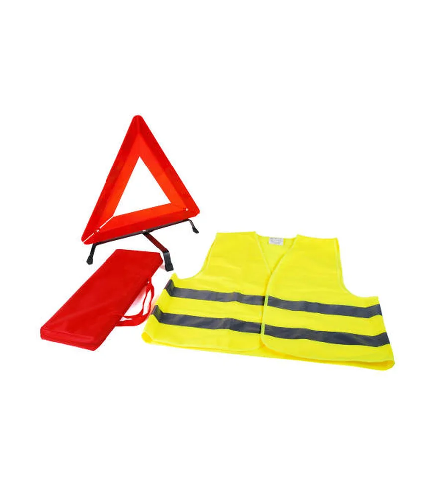 Kit per auto composto da gilet, viene fornito in pratica borsa con maniglie - composto da gilet alta visibilità e triangolo stradale rifrangente