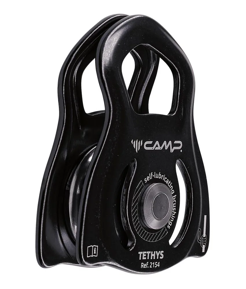 TETHYS BLACK - Carrucola Camp, Carrucola compatta e leggera. Flange mobili, foro di attacco per due moschettoni.