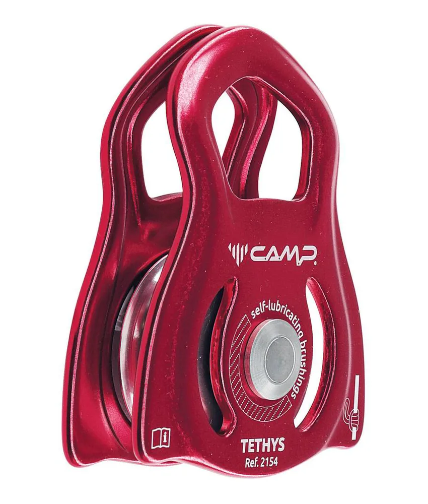TETHYS - Carrucola Camp, Carrucola compatta e leggera. Flange mobili, foro di attacco per due moschettoni.