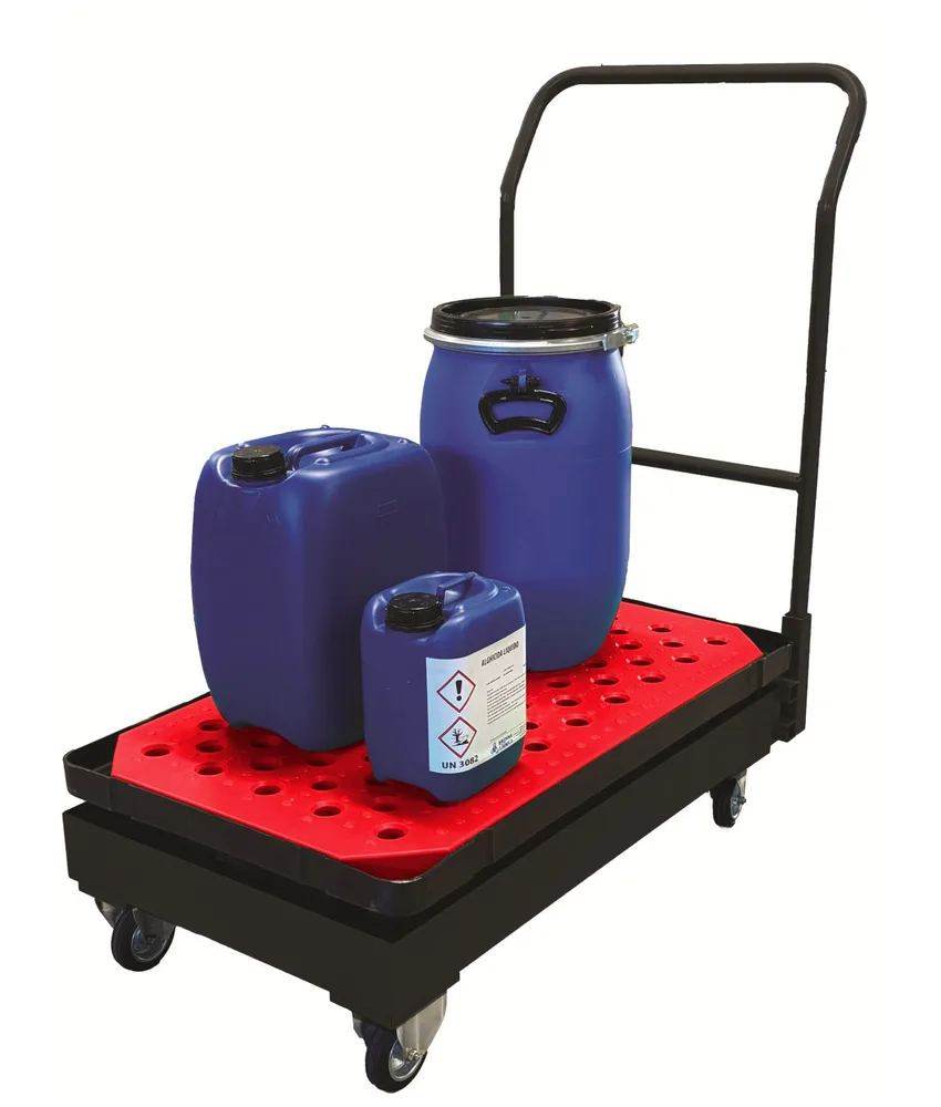 Carrello per vasca di raccolta Safemax, 2 ruote fisse e 2 piroettanti - diametro ruote da 80 mm - con maniglia