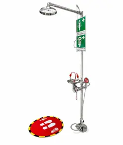 Doccia con lavaocchi di emergenza in acciaio INOX Safemax azionamento con leva, pedale e tirante
