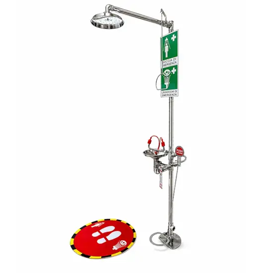 Doccia con lavaocchi di emergenza in acciaio INOX Safemax azionamento con leva, pedale e tirante