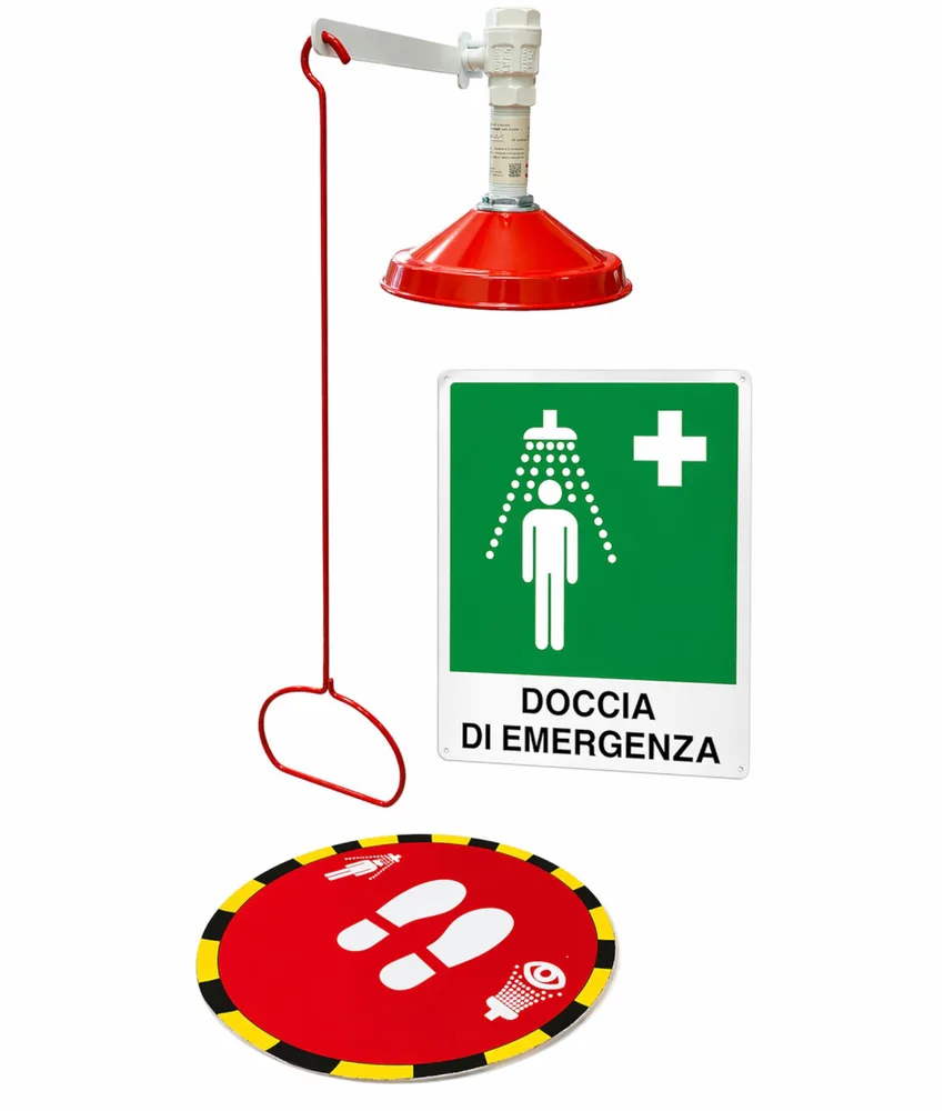 Doccia di emergenza a soffitto Safemax, montaggio verticale su soffitto - azionamento a tirante