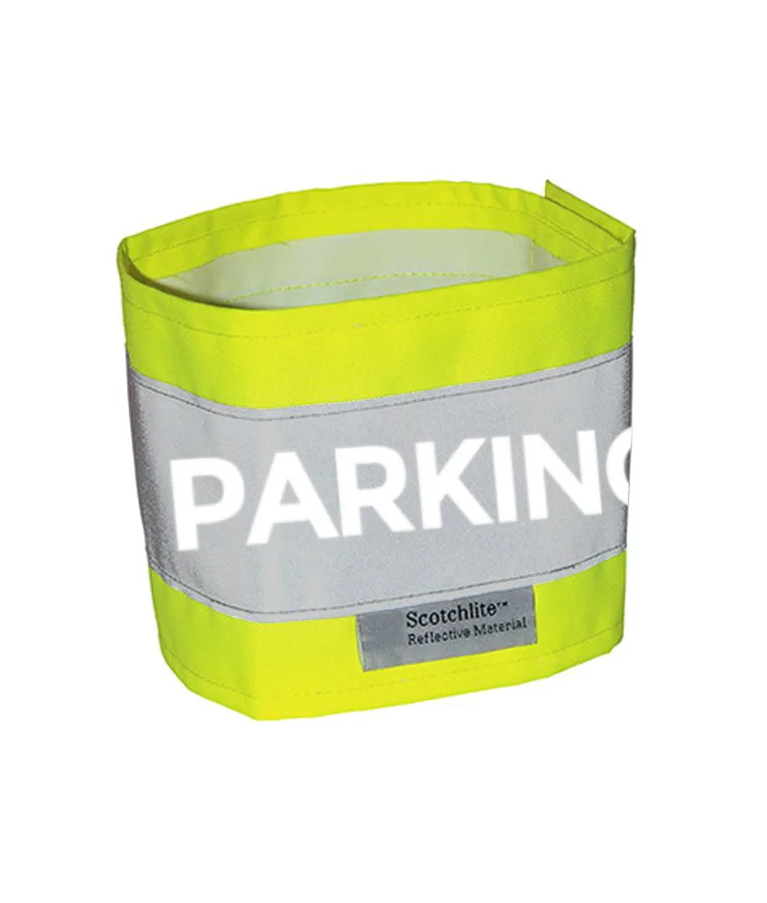 Fascia alta visibilità Safemax con scritta PARKING, colore giallo - chiusura velcro - banda rifrangente