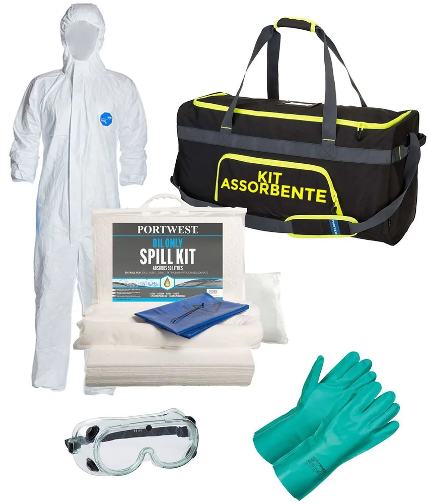 Kit prodotti assorbenti per oli Safemax, borsone in poliestere con prodotti di emergenza per sversamenti oleosi - potere assorbenza fino 50 lt
