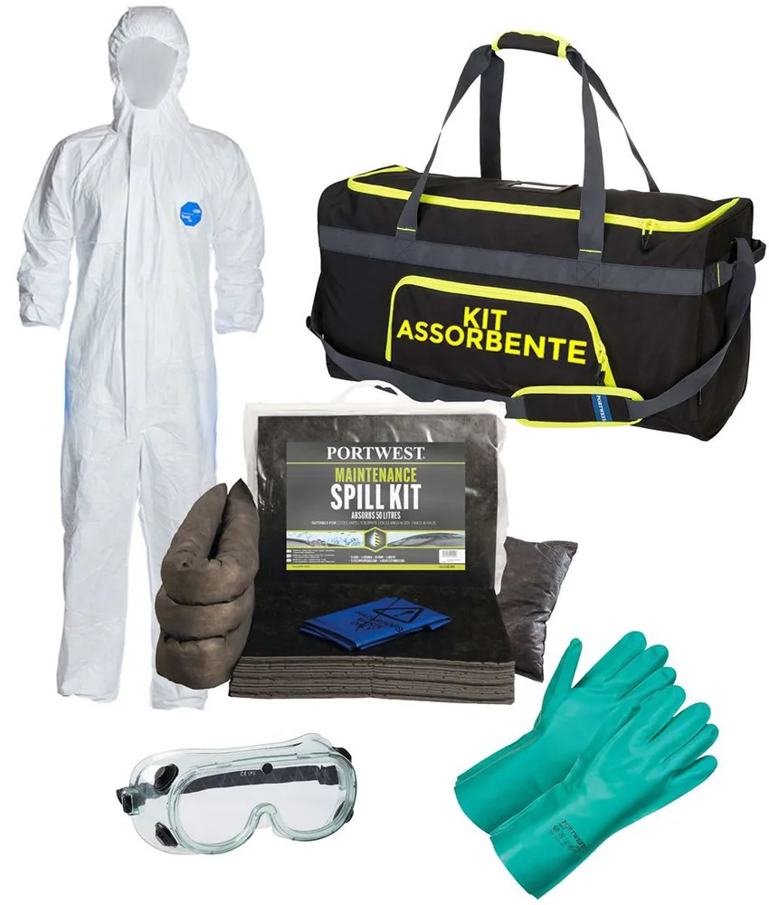 Kit prodotti assorbenti universali Safemax, borsone in poliestere con prodotti di emergenza per liquidi generici industriali - potere assorbenza fi...