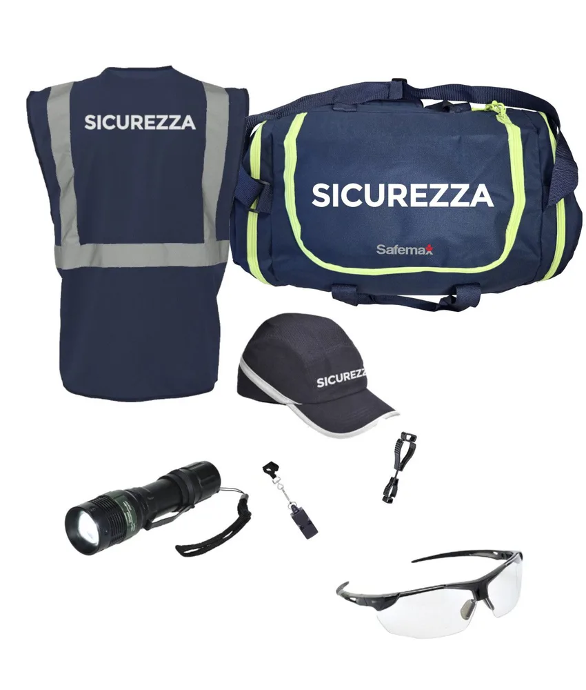 Kit Safemax con articoli per servizio di sicurezza, borsa con accessori utili per gli addetti alla sicurezza