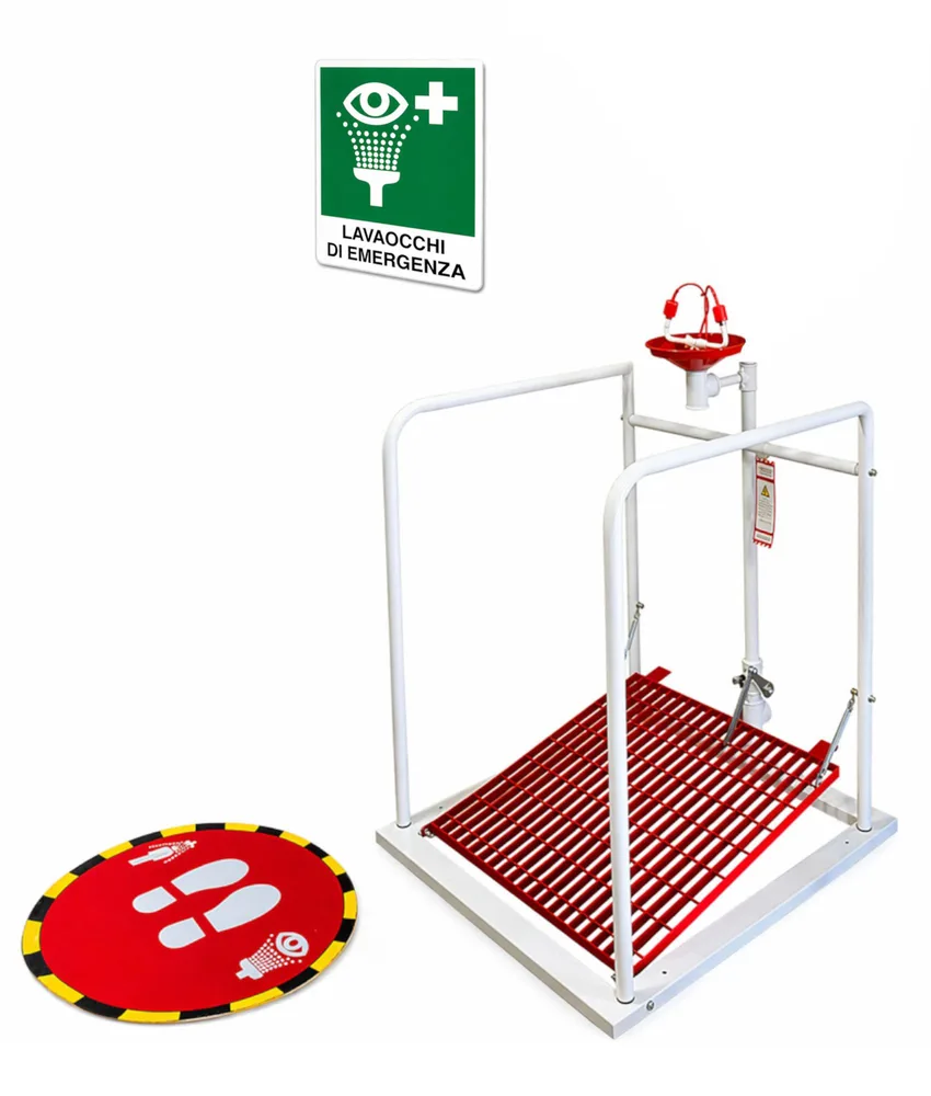 Lavaocchi di emergenza a pedana Safemax, Autodrenante - azionamento a pedana grigliata