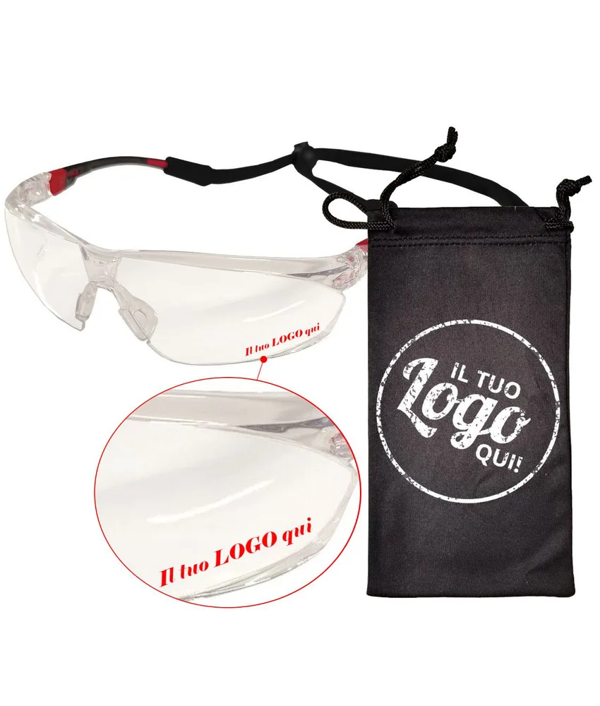 Occhiali da lavoro Safemax, kit con cordino e sacchetto portaocchiali - sacchetto e lente personalizzabili