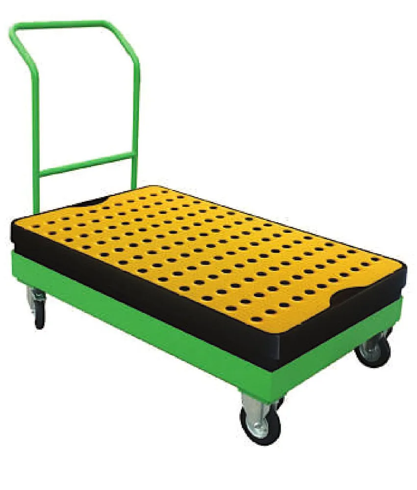 Carrello per vasca di raccolta in PE, 2 ruote fisse e 2 piroettanti - diametro ruote da 80 mm - con maniglia