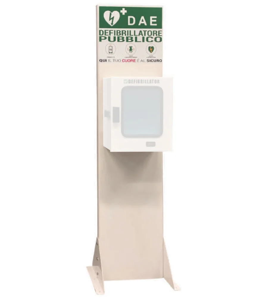 Totem per defibrillatore, da interni ed esterni - in lamiera zincata - con sistema di fissaggio