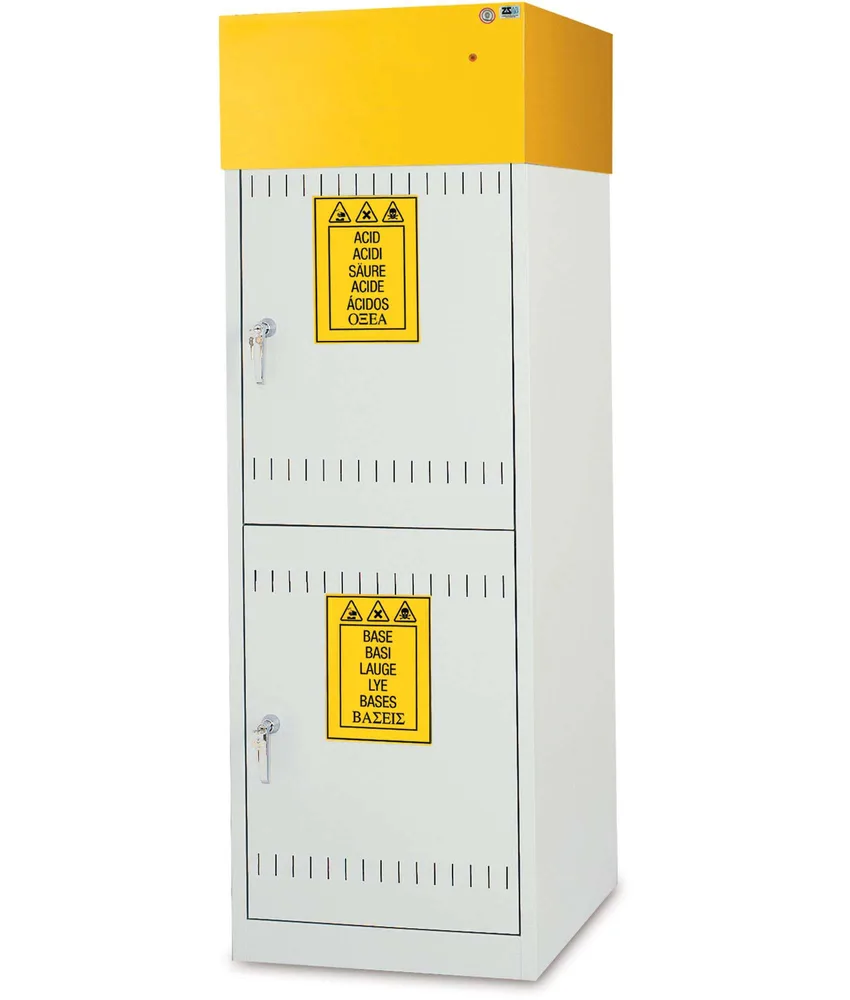Armadio ignifugo per prodotti chimici con aspiratore Chemicals, 2 porte - 2 scomparti - certificati EN61010-1, EN16121, CEI66-5