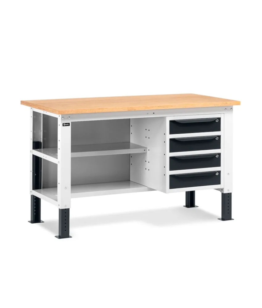 Banco da lavoro con due semipiani Fami Work Up, armadietto con 4 cassetti - spessore 30 mm
