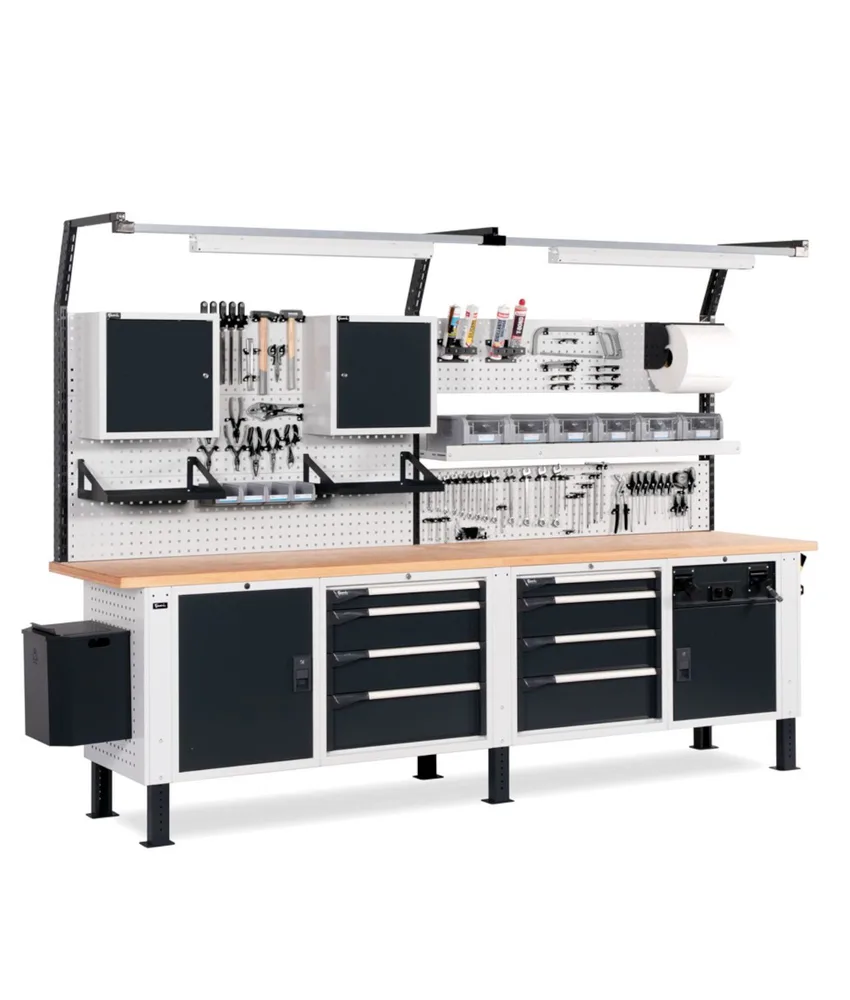 Banco da lavoro con pannelli forati Fami Work Master BR 3000, armadietti a cassetto e con anta - piano di lavoro in multiplex - lampada doppia a LED